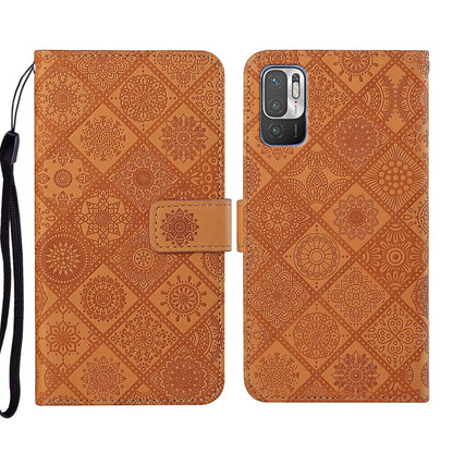 Terracotta embossed geometric leather phone case with folio flap and wrist strap, camera cutout
