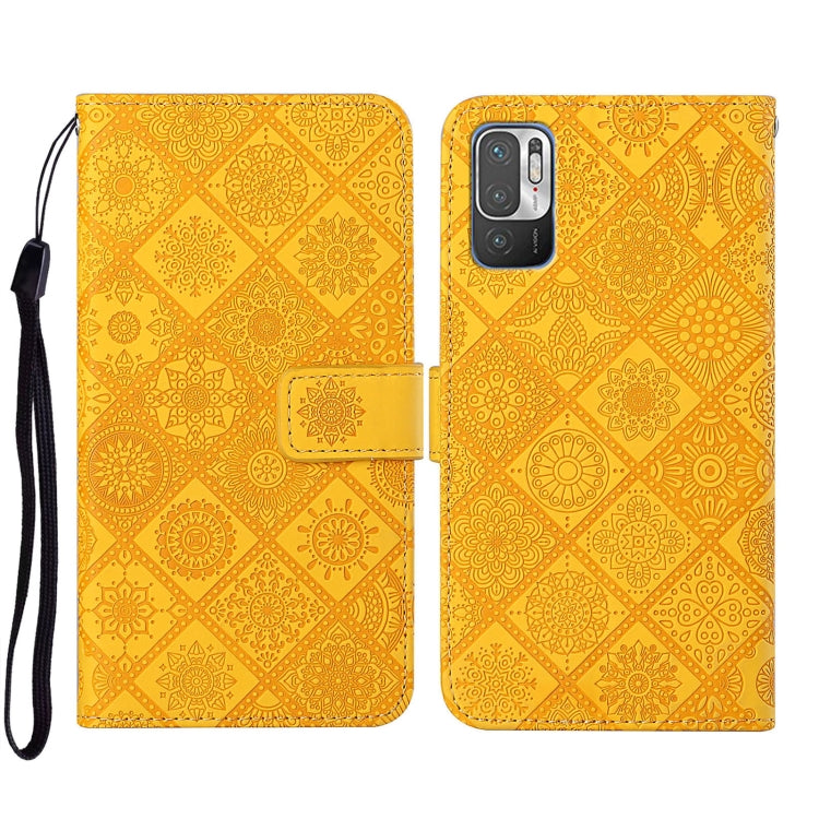 Folio leather phone case with embossed geometric pattern, yellow-gold, wrist strap