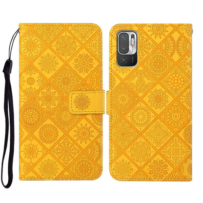 Folio leather phone case with embossed geometric pattern, yellow-gold, wrist strap