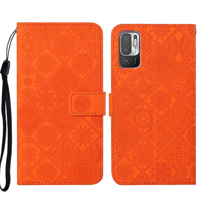 Orange embossed leather phone case with folio flap, card slot, and raised camera
