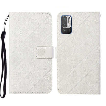 White embossed pattern leather folio phone case with wrist strap and rear camera cutout