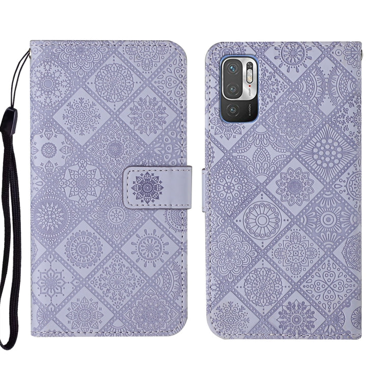 Lavender embossed geometric wallet phone case with wrist strap and fold-over flap, front