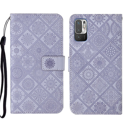 Lavender embossed geometric wallet phone case with wrist strap and fold-over flap, front