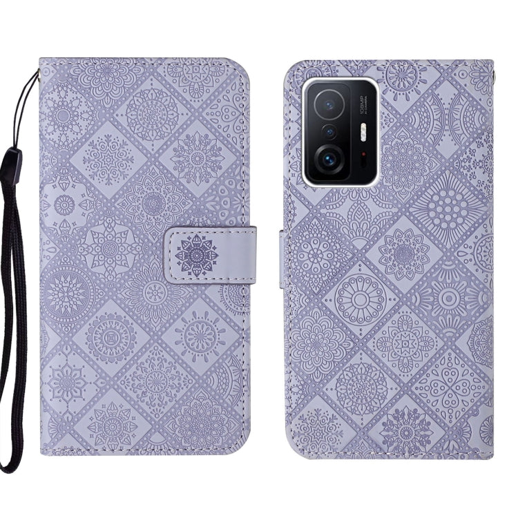 Lavender embossed geometric phone case with fold-over wallet flap and back camera module