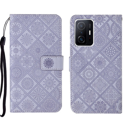 Lavender embossed geometric phone case with fold-over wallet flap and back camera module