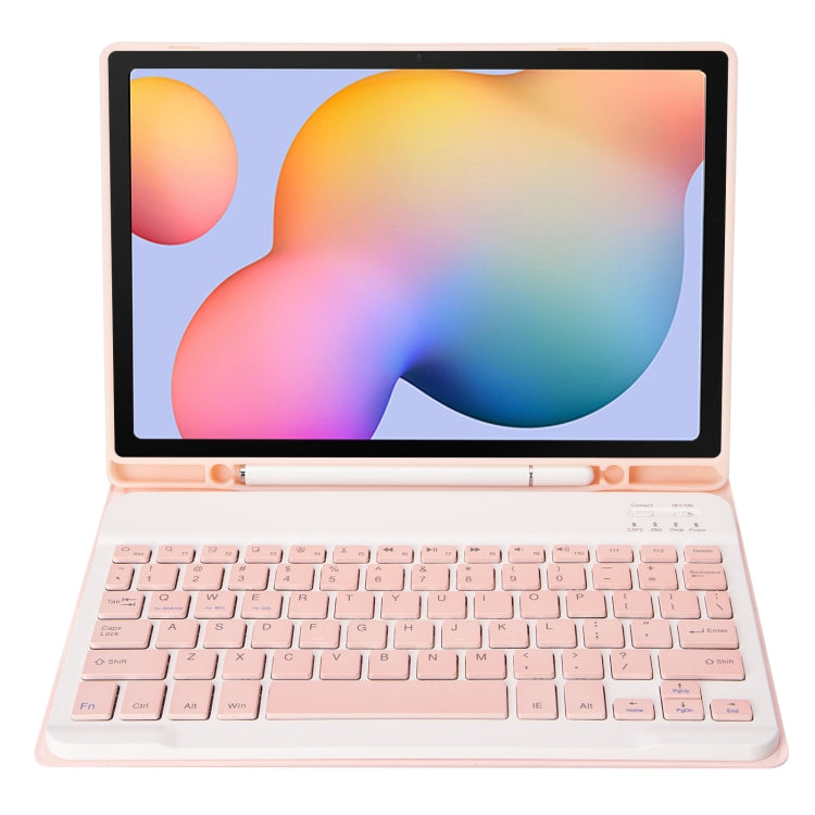 Pink folio tablet case with Bluetooth keyboard and kickstand, tablet screen displayed