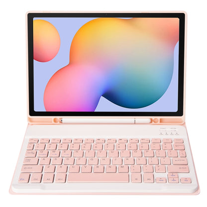 Pink folio tablet case with Bluetooth keyboard and kickstand, tablet screen displayed