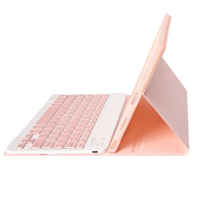 Pink folio tablet case with Bluetooth keyboard and angled kickstand support