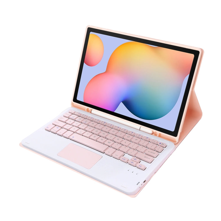 Light pink Bluetooth keyboard folio case with touchpad and pen slot, tablet on stand