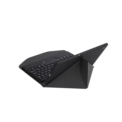Black Bluetooth keyboard tablet case angled open with keyboard and folio cover