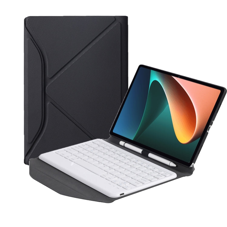 Black textured Bluetooth keyboard tablet case with white keyboard and triangle back stand