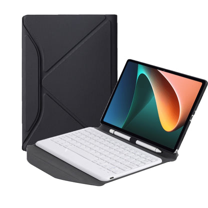 Black textured Bluetooth keyboard tablet case with white keyboard and triangle back stand