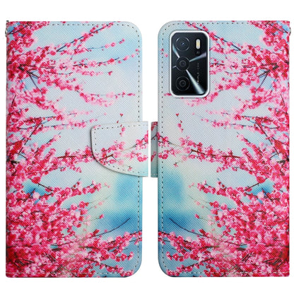 Pink and red floral flip phone case with gradient blue waves, magnetic wallet strap