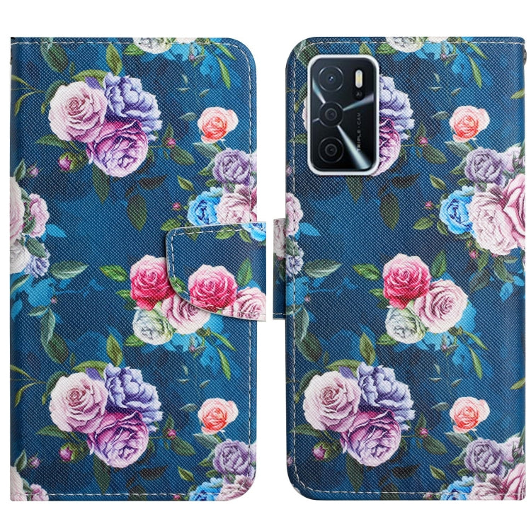 Blue flip phone case with purple and pink rose pattern and magnetic wallet strap