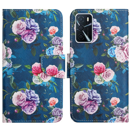 Blue flip phone case with purple and pink rose pattern and magnetic wallet strap