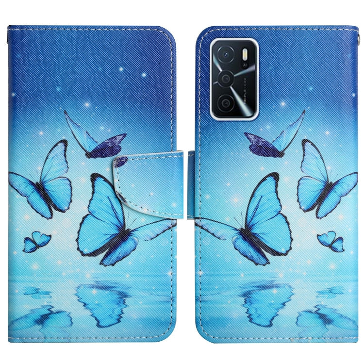 Light blue flip phone case with blue butterflies and starry dots, magnetic wallet strap