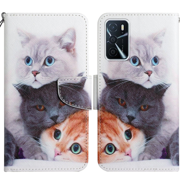 Painted pattern flip leather phone case with cute cat portraits in shades of white/black