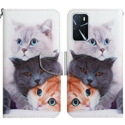 Painted pattern flip leather phone case with cute cat portraits in shades of white/black