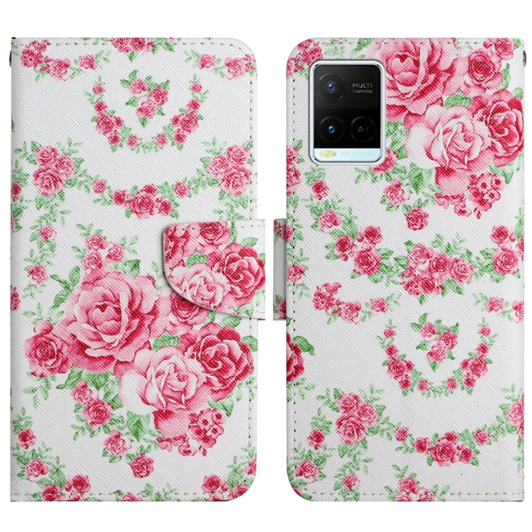 Painted pattern flip leather phone case with pink rose and green floral pattern