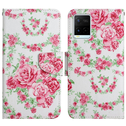 Painted pattern flip leather phone case with pink rose and green floral pattern