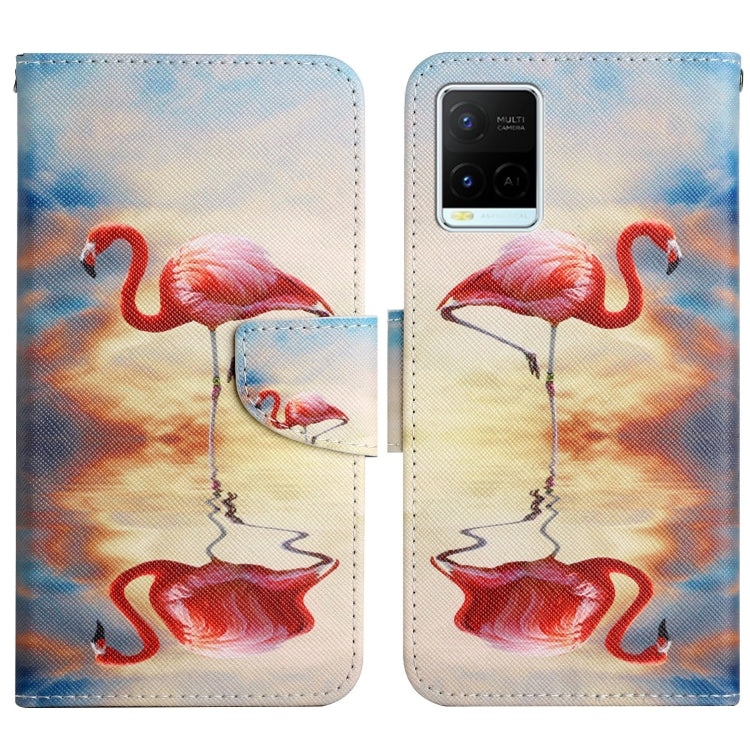 Painted pattern flip leather phone case with flamingo illustration in red