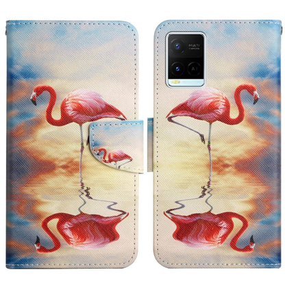Painted pattern flip leather phone case with flamingo illustration in red