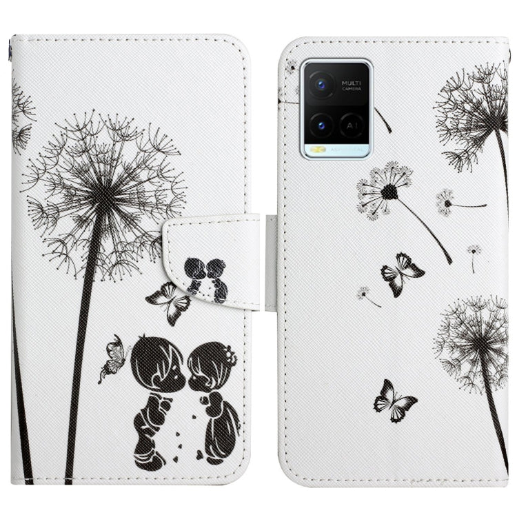 Painted pattern flip leather phone case with black dandelion seed and butterfly print