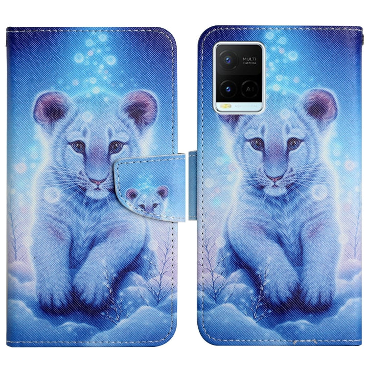 Painted pattern flip leather phone case with blue lion face and paw print design