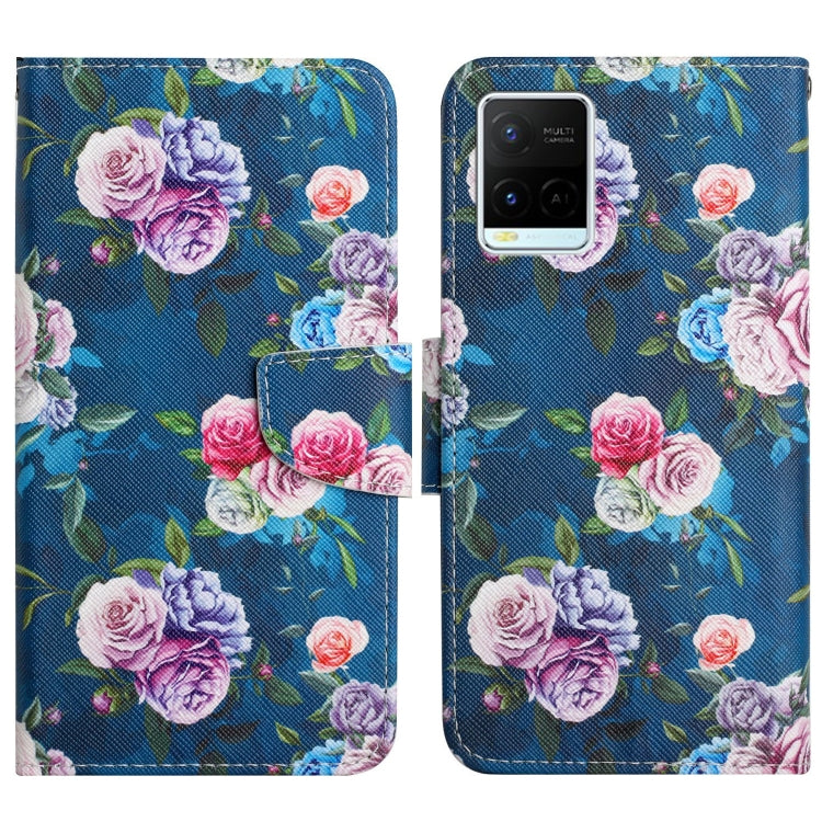 Flip leather phone case with blue rose and pink flowers, magnetic clasp and cutout