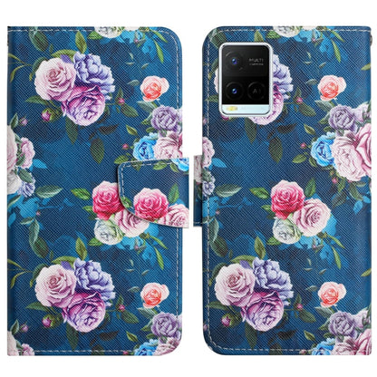 Flip leather phone case with blue rose and pink flowers, magnetic clasp and cutout