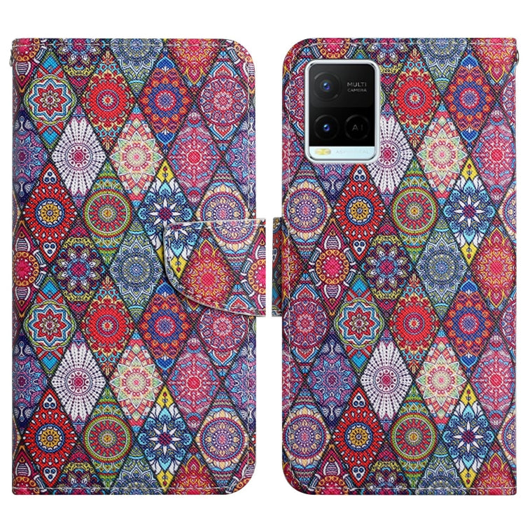 Flip leather phone case with colorful geometric mandala pattern, magnetic clasp