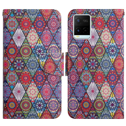 Flip leather phone case with colorful geometric mandala pattern, magnetic clasp