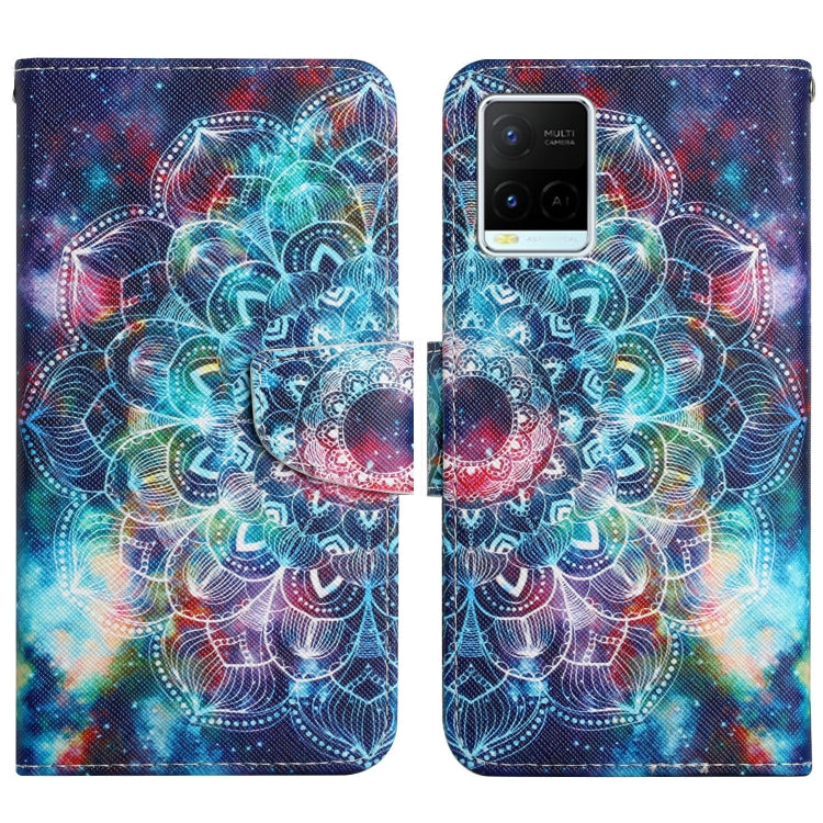 Flip leather phone case with colorful galaxy mandala design, magnetic clasp