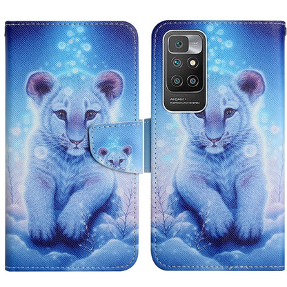 Blue painted flip leather phone case with lion face illustration and magnetic strap