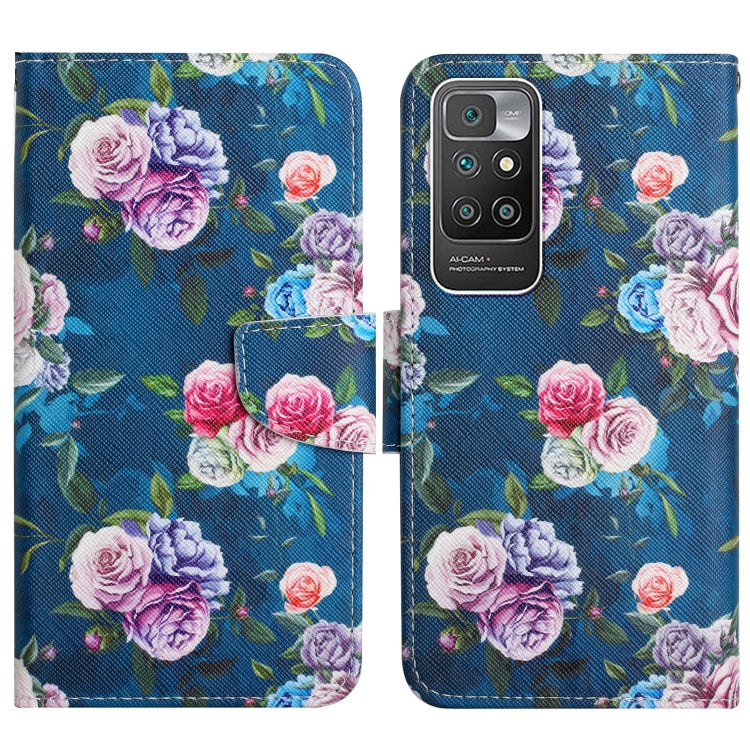 Blue floral painted flip leather phone case with rose bouquet and magnetic strap