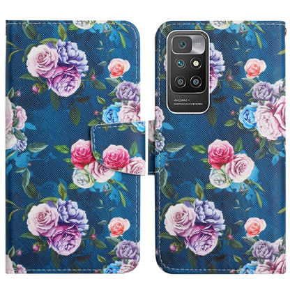 Blue floral painted flip leather phone case with rose bouquet and magnetic strap