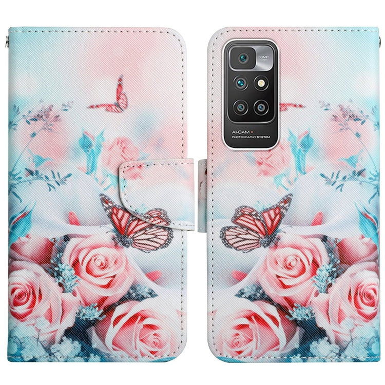 Flip leather phone case with roses and red-and-blue butterflies print, snap closure.
