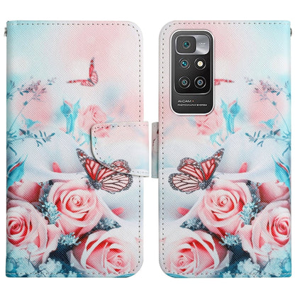 Flip leather phone case with roses and red-and-blue butterflies print, snap closure.
