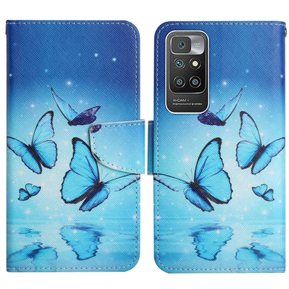 Flip leather phone case with blue butterfly pattern, snap closure and card slot.