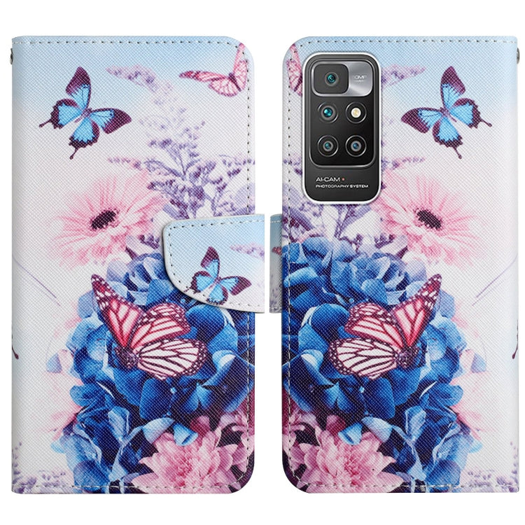 Flip leather phone case with pink and blue flowers plus butterflies, snap closure.