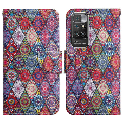 Flip leather phone case with colorful mosaic heart pattern, snap closure and card slot.