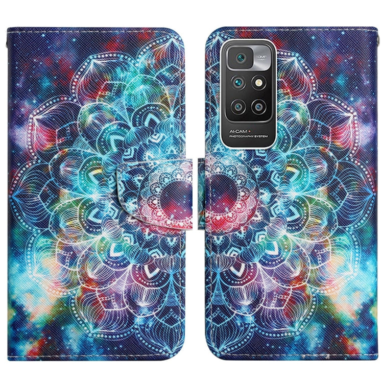 Flip leather phone case with multicolor galaxy swirl design, snap closure and card slot.