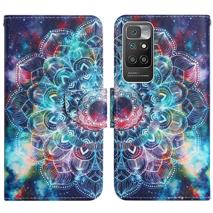 Flip leather phone case with multicolor galaxy swirl design, snap closure and card slot.