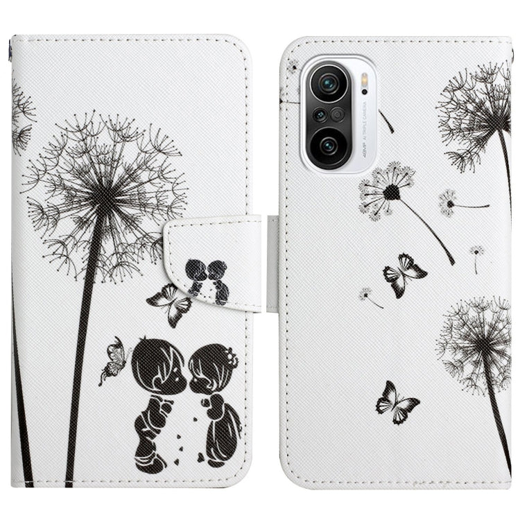 Flip leather phone case with dandelion and butterfly pattern in black on white