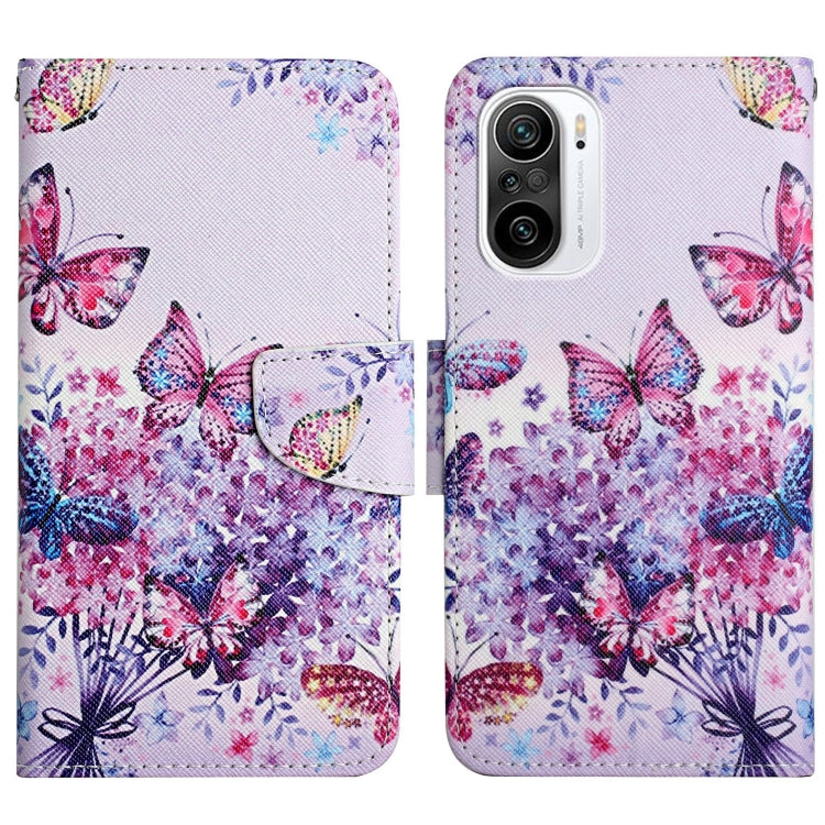 Flip leather phone case with colorful butterflies and floral confetti pattern