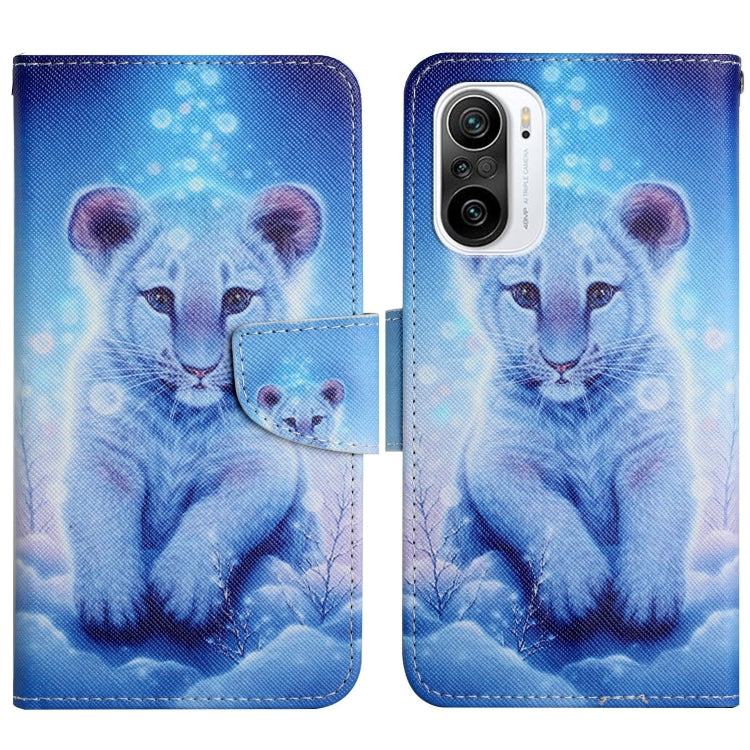 Flip leather phone case with blue lion face illustration and flap card holder