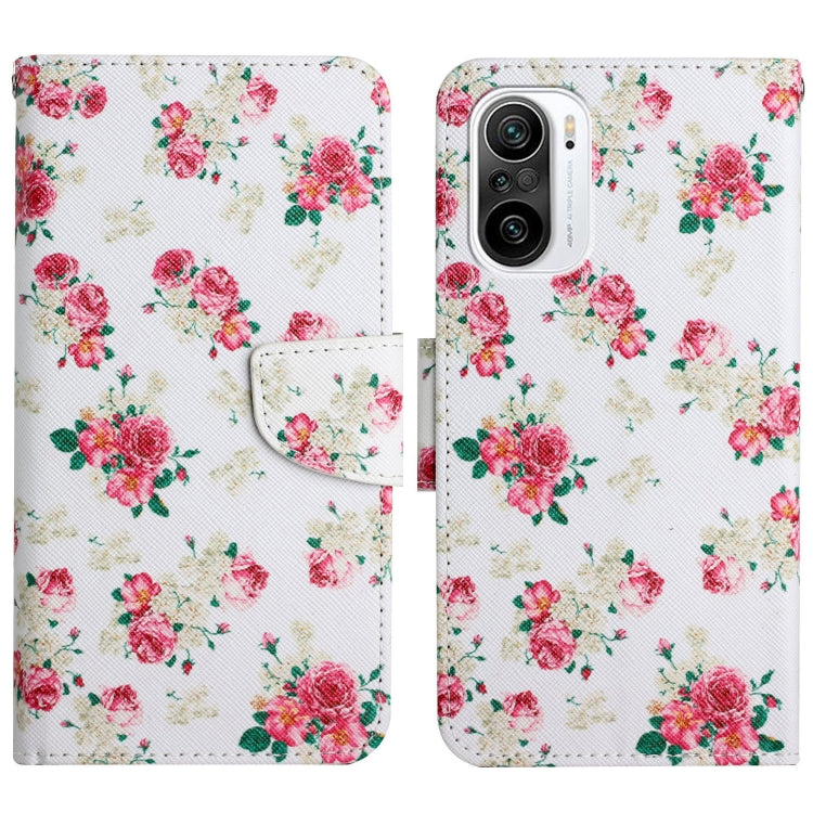 Flip leather phone case with red rose floral pattern on white with card holder