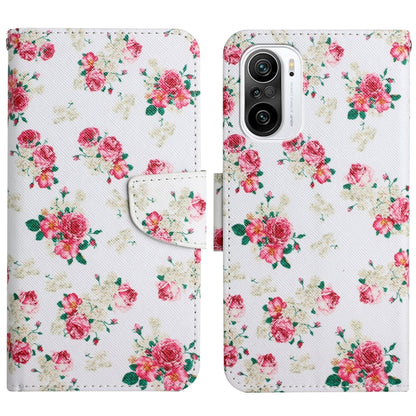 Flip leather phone case with red rose floral pattern on white with card holder