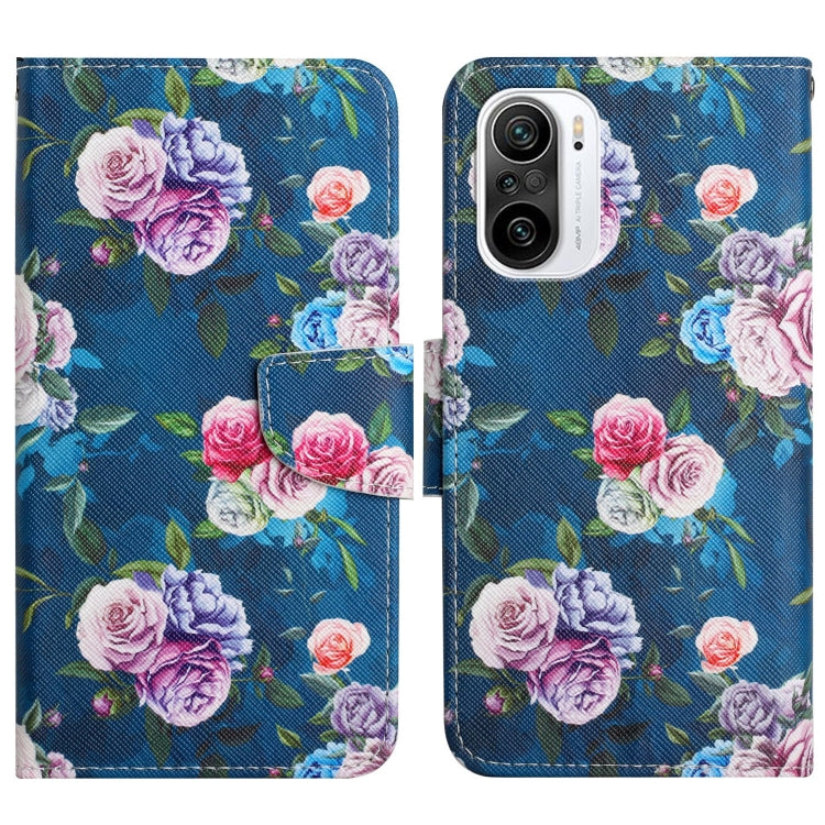 Flip leather phone case with multicolor rose garden pattern on dark blue