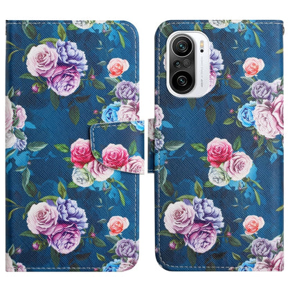 Flip leather phone case with multicolor rose garden pattern on dark blue